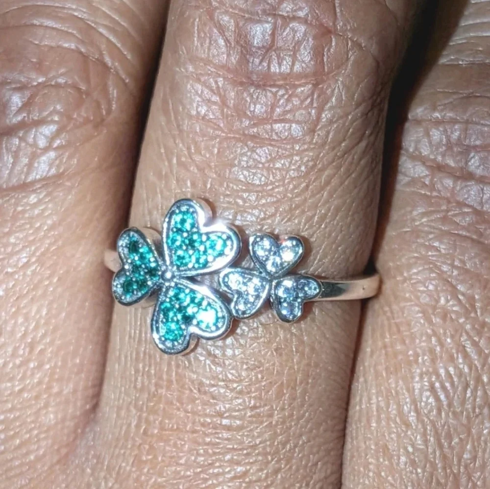 St Patrick Shamrock Irish Green CZ Flower Lucky Clover Ring 925 Sterling Silver
